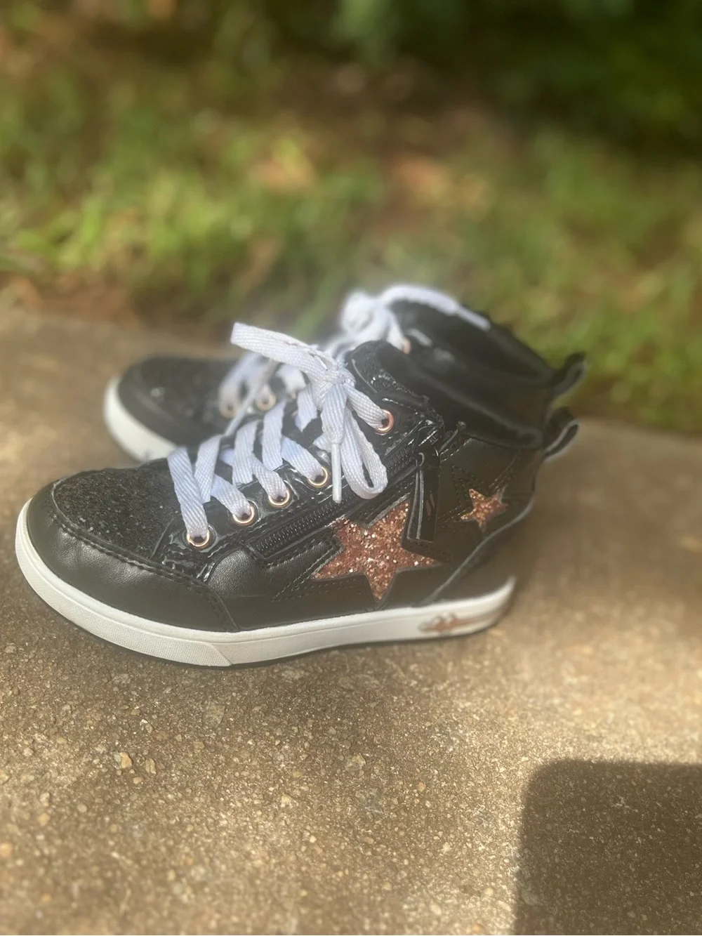 Skechers Kids Black High-Top Sneakers with Rose Gold Star Accents Size 12